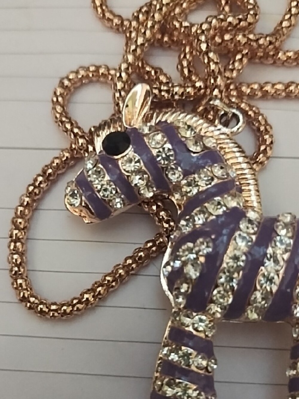 Cute Zebra Pendant Necklace, Purple Enamel Stripes, Clear Crystals, Gold Accents - Picture 3 of 4